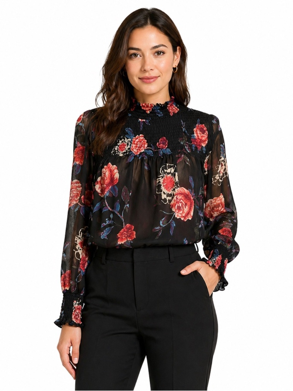 About a Girl Sheer Floral Smocked High Neck Blouse Size Medium